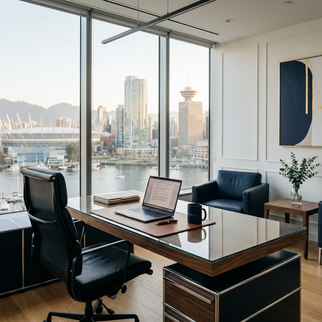 SHS Law Corporation executive meeting room showing a professional, minimalist British Columbia law office with large windows